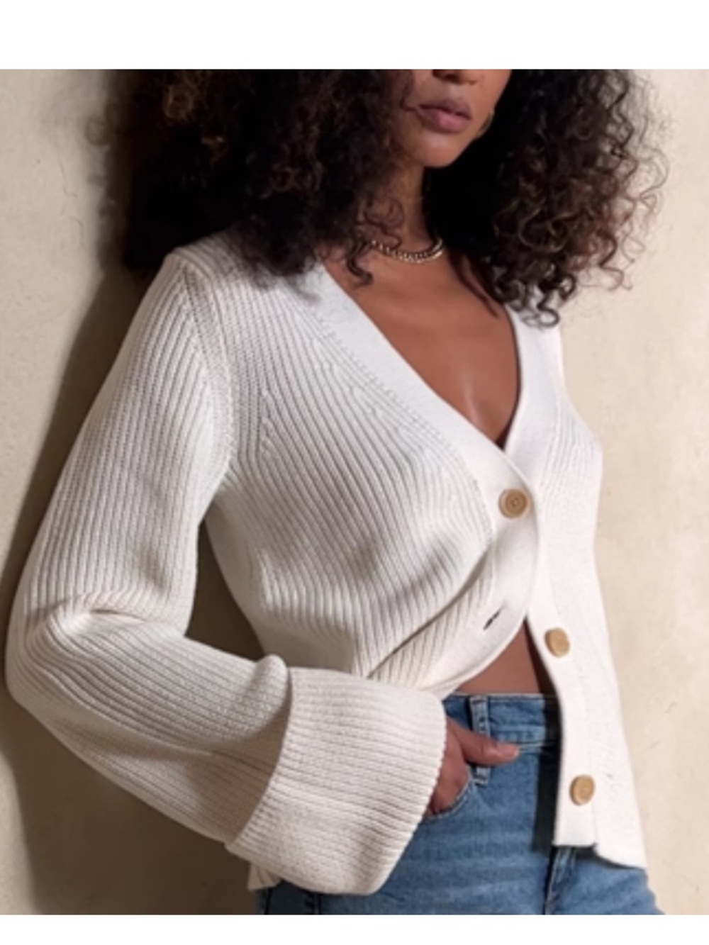 Banana Republic Wool Blend Ivory Ribbed Chunky V-Neck Button Cardigan Sz XS